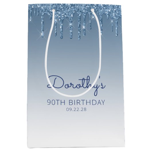 Glitter Drip 90th Birthday Blue Medium Gift Bag Medium Cadeauzakje (Voorkant)