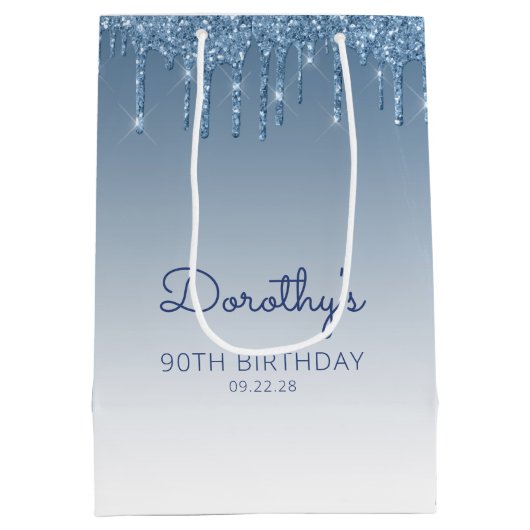 Glitter Drip 90th Birthday Blue Medium Gift Bag Medium Cadeauzakje (Achterkant)