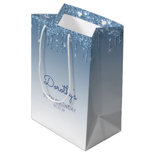 Glitter Drip 90th Birthday Blue Medium Gift Bag Medium Cadeauzakje (Achterkant Gekanteld)