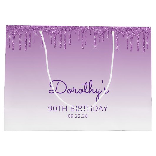 Glitter Drip 90th Birthday Paars Groot Cadeauzakje (Achterkant)
