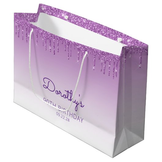 Glitter Drip 90th Birthday Paars Groot Cadeauzakje (Voorkant Gekanteld)