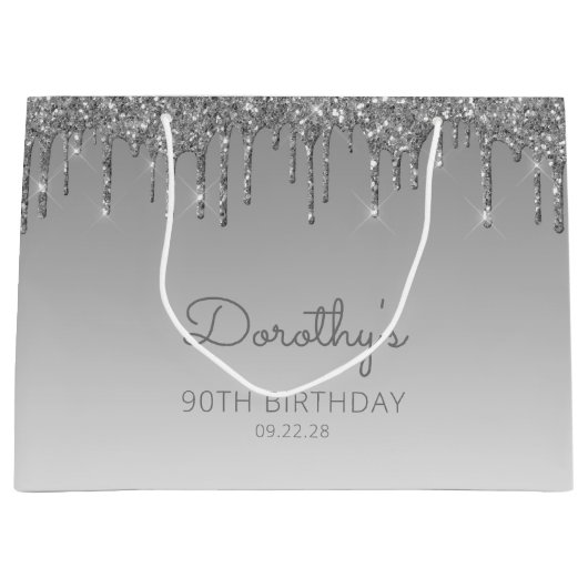 Glitter Drip 90th Birthday Silver Groot Cadeauzakje (Voorkant)