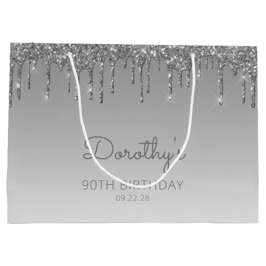 Glitter Drip 90th Birthday Silver Groot Cadeauzakje (Achterkant)