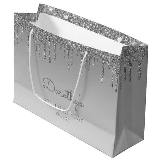Glitter Drip 90th Birthday Silver Groot Cadeauzakje (Voorkant Gekanteld)