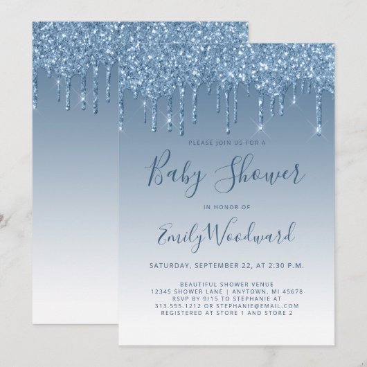 Glitter Drip Blauwe Baby Shower Uitnodiging (Voorkant / Achterkant)