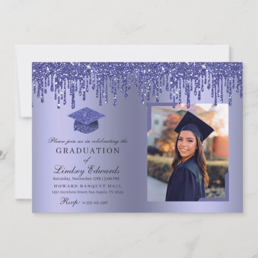 Glitter Drip Blue Afstuderen Photo Invitation Kaart (Voorkant)