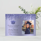 Glitter Drip Blue Afstuderen Photo Invitation Kaart (Staand voorkant)