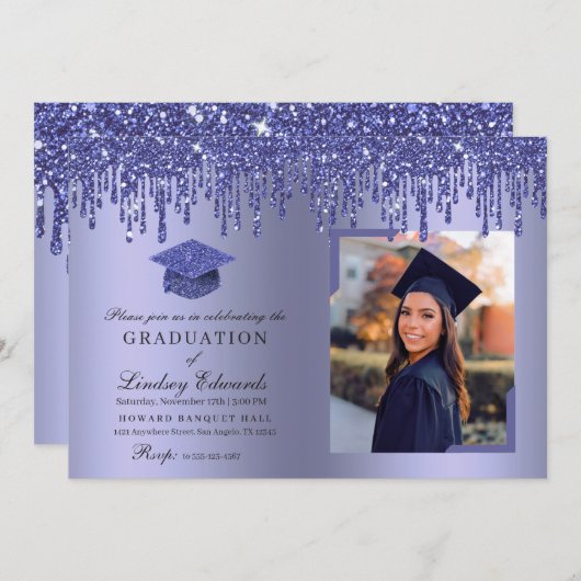 Glitter Drip Blue Afstuderen Photo Invitation Kaart (Voorkant / Achterkant)