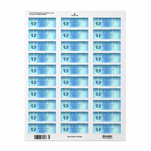 Glitter Drip Blue Baby Feet Baby shower Address Etiket (Full Sheet)