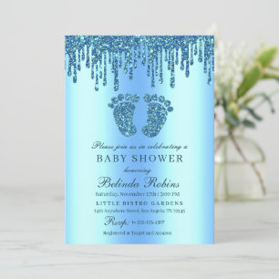 Glitter Drip Blue Baby Feet Baby shower Invitation Kaart