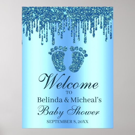 Glitter Drip Blue Feet Baby shower Welkomstteken Poster (Voorkant)