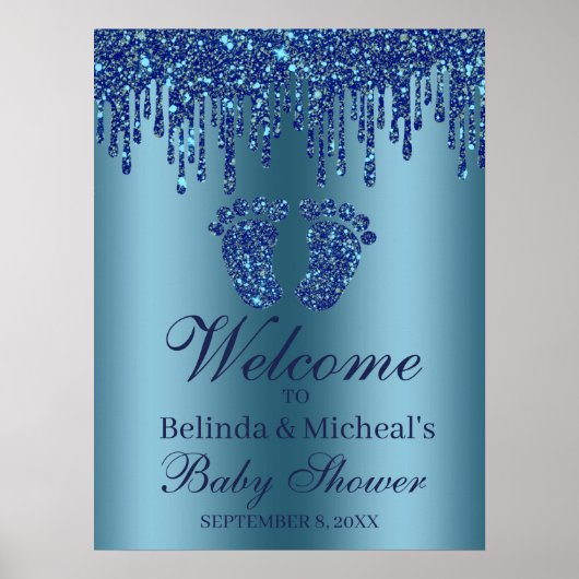 Glitter Drip Blue Feet Baby shower Welkomstteken Poster (Voorkant)