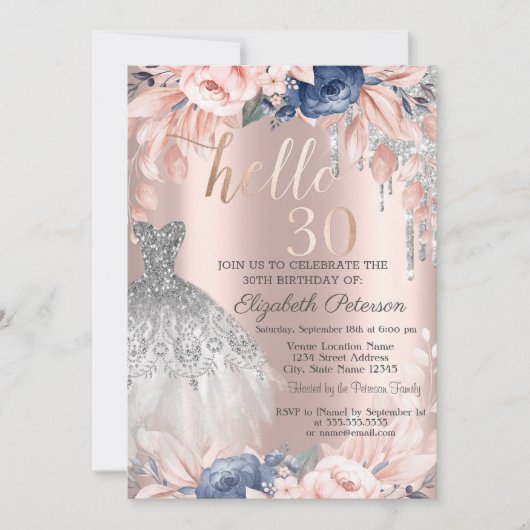 Glitter Drip Blue Flowers 30th Birthday Kaart (Voorkant)