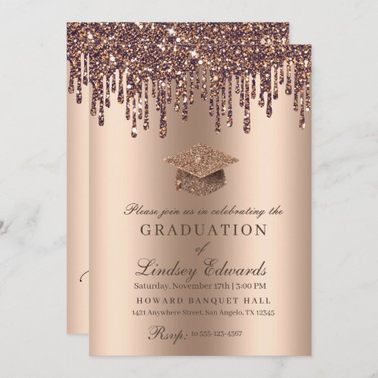 Glitter Drip Bronze Gold Afstuderen Kaart (Voorkant / Achterkant)