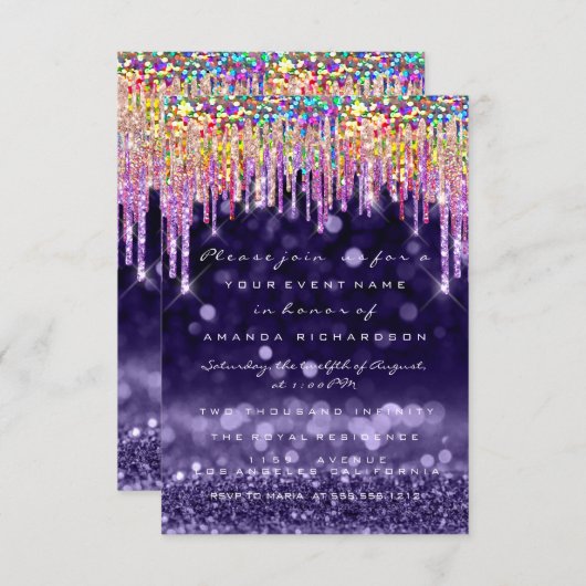 Glitter Drip Bruiloft Verjaardagsfeest Paars Regen Kaart (Voorkant / Achterkant)
