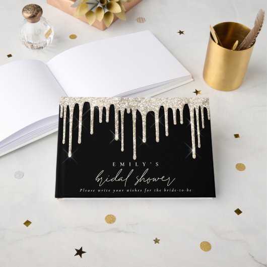 Glitter Drip Cream Schrift Bruidsbruiloft Zwart Gastenboek (Voorkant open)