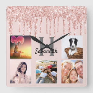 Glitter drip douane foto collage roze roze goud vierkante klok