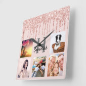 Glitter drip douane foto collage roze roze goud vierkante klok (Hoek)
