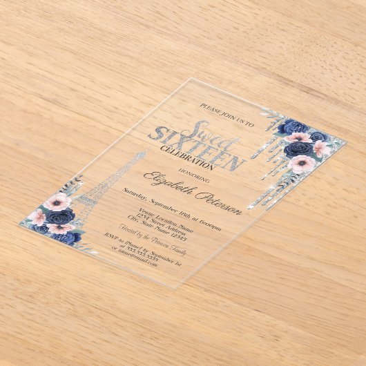 Glitter Drip, Eiffel Tower Blue Rozen Sweet 16 Acryl Uitnodigingen (Laagn)