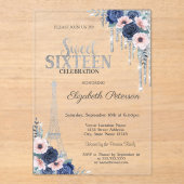 Glitter Drip, Eiffel Tower Blue Rozen Sweet 16 Acryl Uitnodigingen (Voorkant)