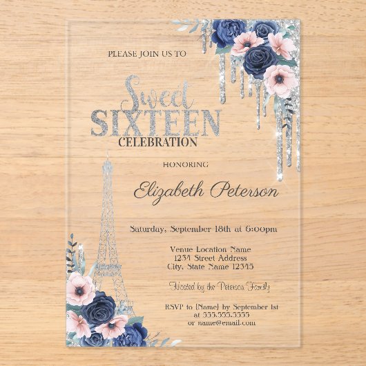 Glitter Drip, Eiffel Tower Blue Rozen Sweet 16 Acryl Uitnodigingen (Voorkant)