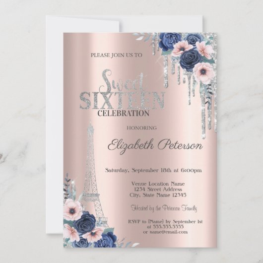 Glitter Drip, Eiffel Tower Blue Rozen Sweet 16 Kaart (Voorkant)