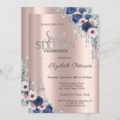 Glitter Drip, Eiffel Tower Blue Rozen Sweet 16 Kaart (Voorkant / Achterkant)