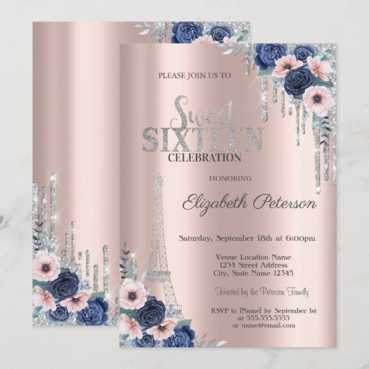  Glitter Drip, Eiffeltoren Blauwe Rozen Sweet 16  Kaart (Voorkant / Achterkant)