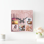 Glitter drip fotocollage roze metaalfamilie vierkante klok (Huis)