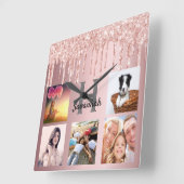 Glitter drip fotocollage roze metaalfamilie vierkante klok (Hoek)