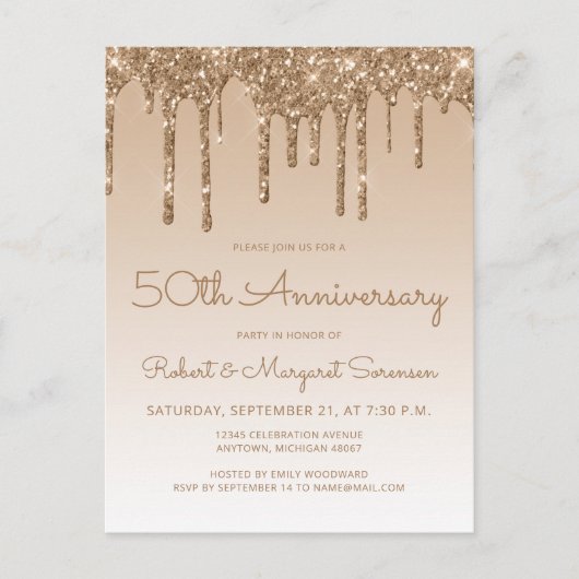 Glitter Drip Gold 50th Anniversary Invitation Briefkaart (Voorkant)