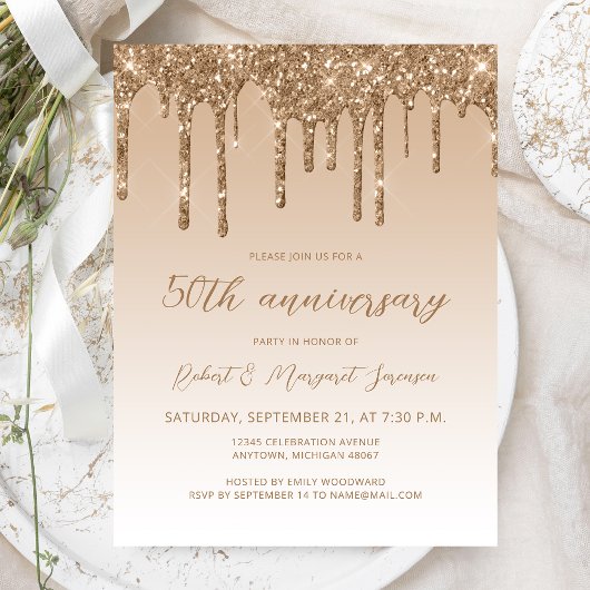 Glitter Drip Gold 50th Anniversary Schrift Briefkaart