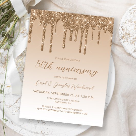 Glitter Drip Gold 50th Anniversary Script Briefkaart