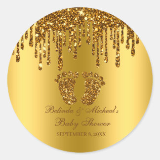Glitter Drip Gold Baby Feet Baby shower Ronde Sticker