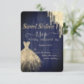 Glitter Drip Gold Dress Blue Sweet 16 RSVP Kaart (Staand voorkant)