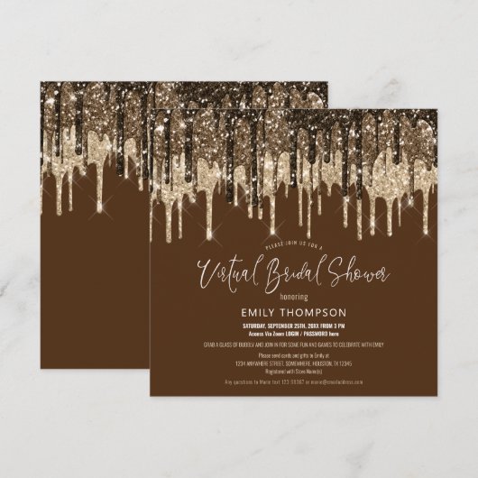 Glitter Drip Goud Bruine Virtuele Bruiloftsshowers Kaart (Voorkant / Achterkant)
