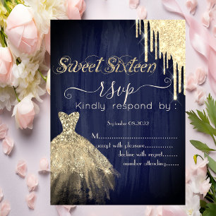 Glitter Drip Gouden Jurk Blauw Sweet 16 RSVP Kaart