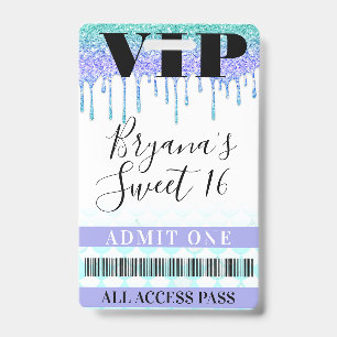 Glitter Drip Meermin Teal Paars Sweet 16 VIP Pas Badge