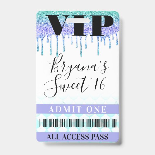 Glitter Drip Mermaid Blauwgroen Paars Sweet 16 VIP Badge (Front)