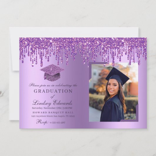 Glitter Drip Paars Afstuderen Fotouitnodiging Kaart (Voorkant)