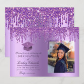 Glitter Drip Paars Afstuderen Fotouitnodiging Kaart (Voorkant / Achterkant)