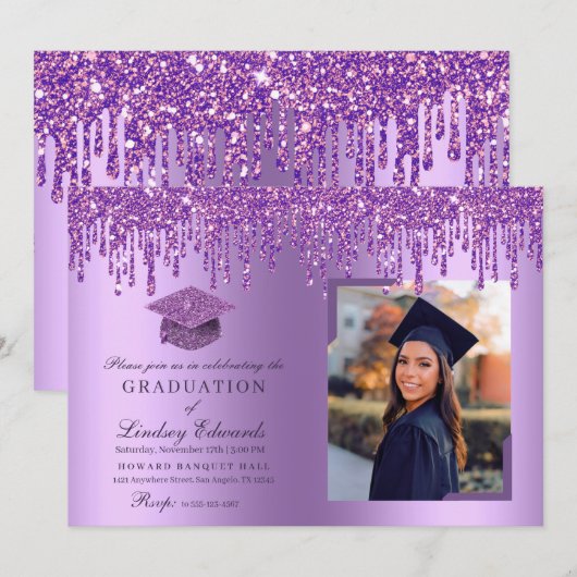 Glitter Drip Paars Afstuderen Fotouitnodiging Kaart (Voorkant / Achterkant)