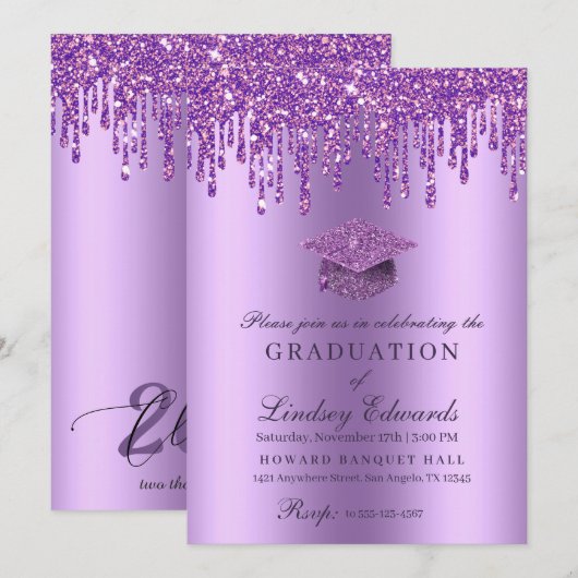 Glitter Drip Paars Afstuderen Kaart (Voorkant / Achterkant)