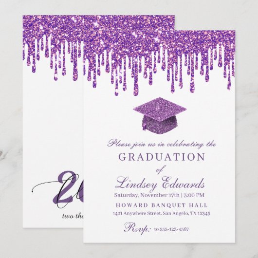 Glitter Drip Paars Afstuderen Kaart (Voorkant / Achterkant)