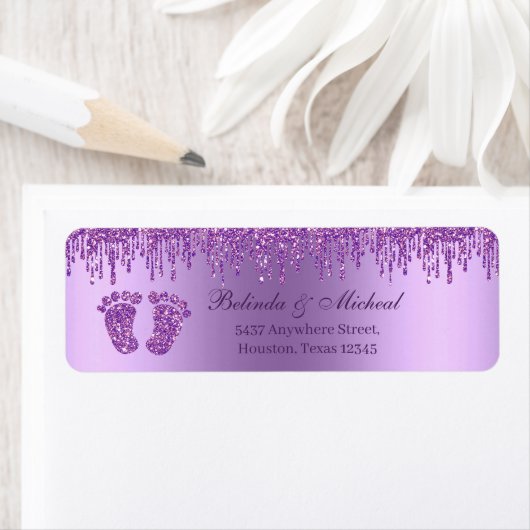 Glitter Drip Paars Baby Feet Baby shower Adres Etiket (Insitu)
