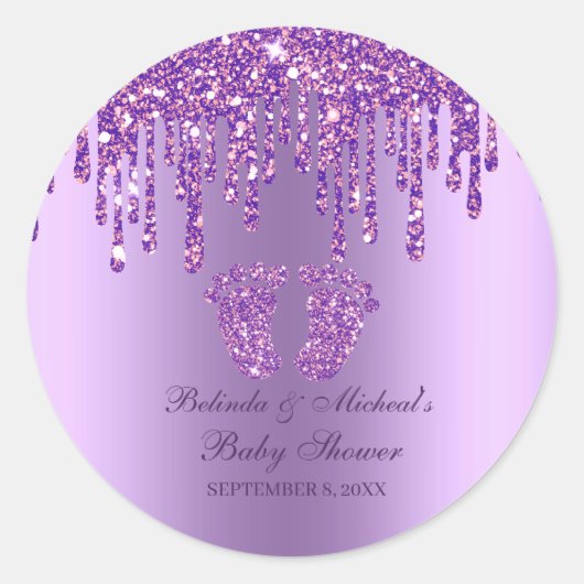 Glitter Drip Paars Baby Feet Baby shower Ronde Sticker (Voorkant)