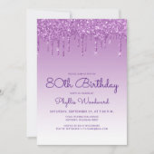 Glitter Drip Paarse 80ste Verjaardagsfeest Kaart (Voorkant)