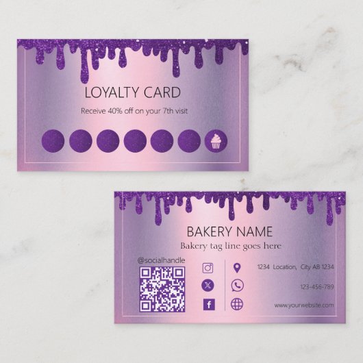 Glitter Drip Paarse cupcake Bakkerij Klantenkaartje (Voorkant / Achterkant)