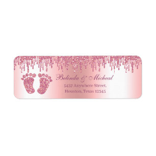 Glitter Drip Pink Baby Feet Baby shower Adres Etiket