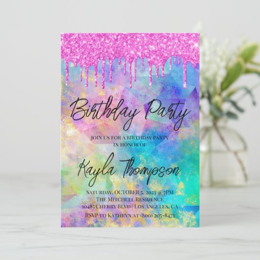 Glitter Drip Rainbow Birthday Party Invitation Kaart (Staand voorkant)